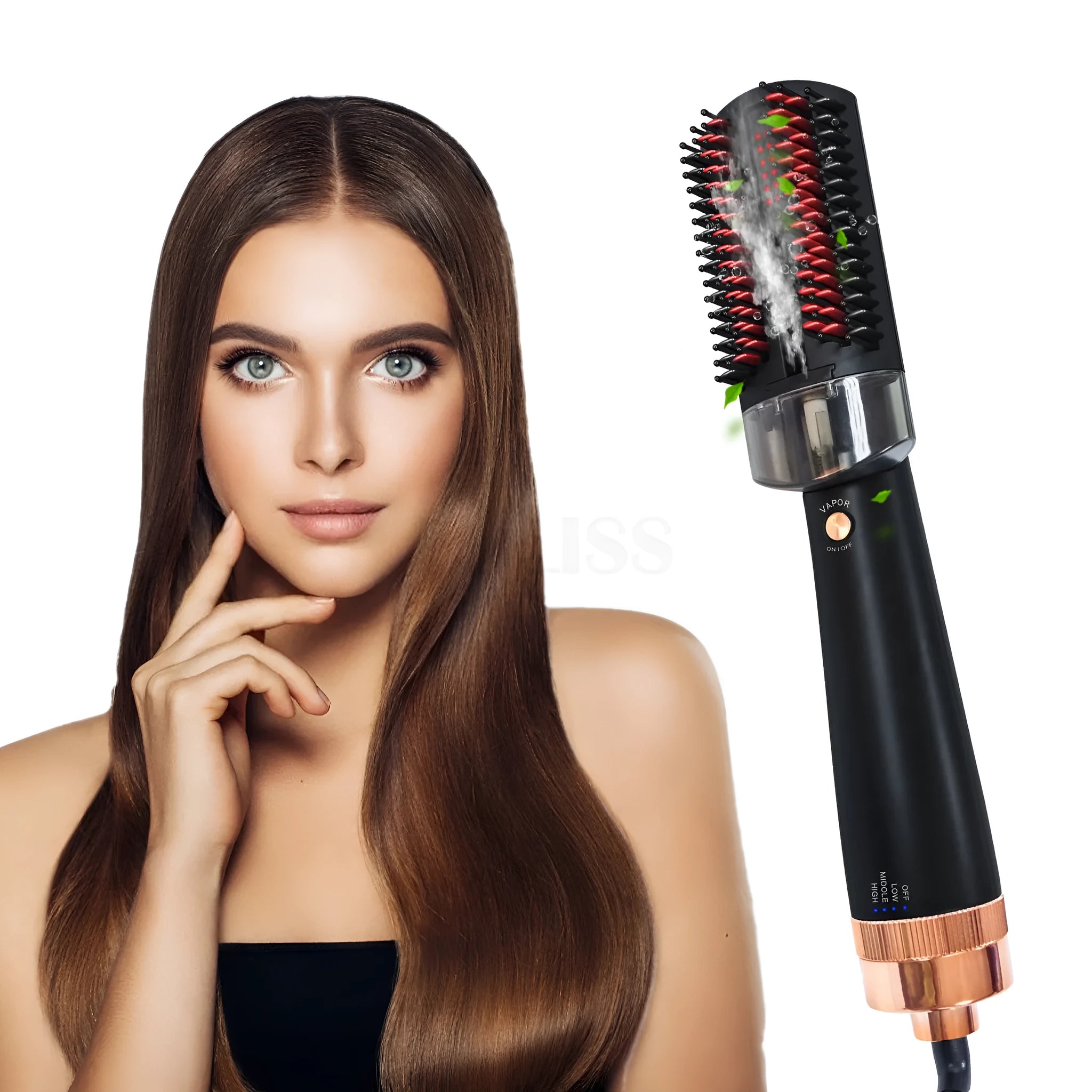 Black and pink hot air comb with ceramic tourmaline heat conductor for dry hair styling