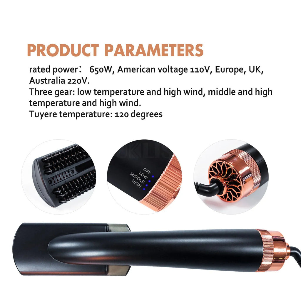 Black and pink hot air comb with ceramic tourmaline heat conductor for dry hair styling