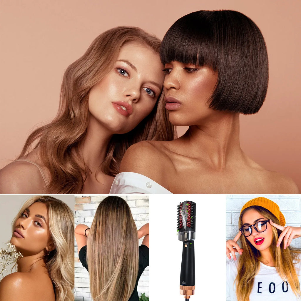 Black and pink hot air comb with ceramic tourmaline heat conductor for dry hair styling