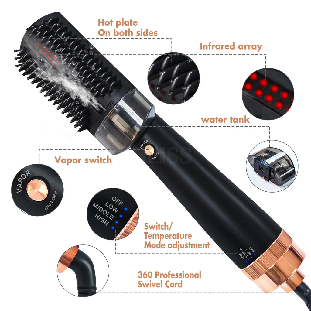 Black and pink hot air comb with ceramic tourmaline heat conductor for dry hair styling