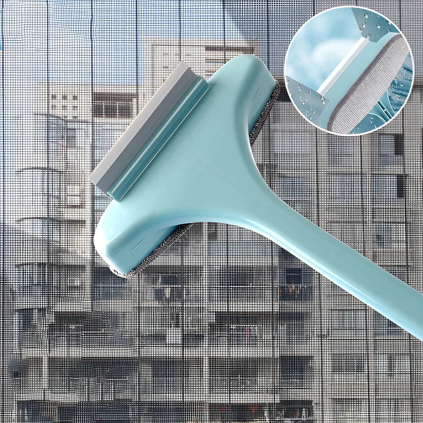 Blue window screen cleaning brush with crevice tool and detachable head for household window maintenance