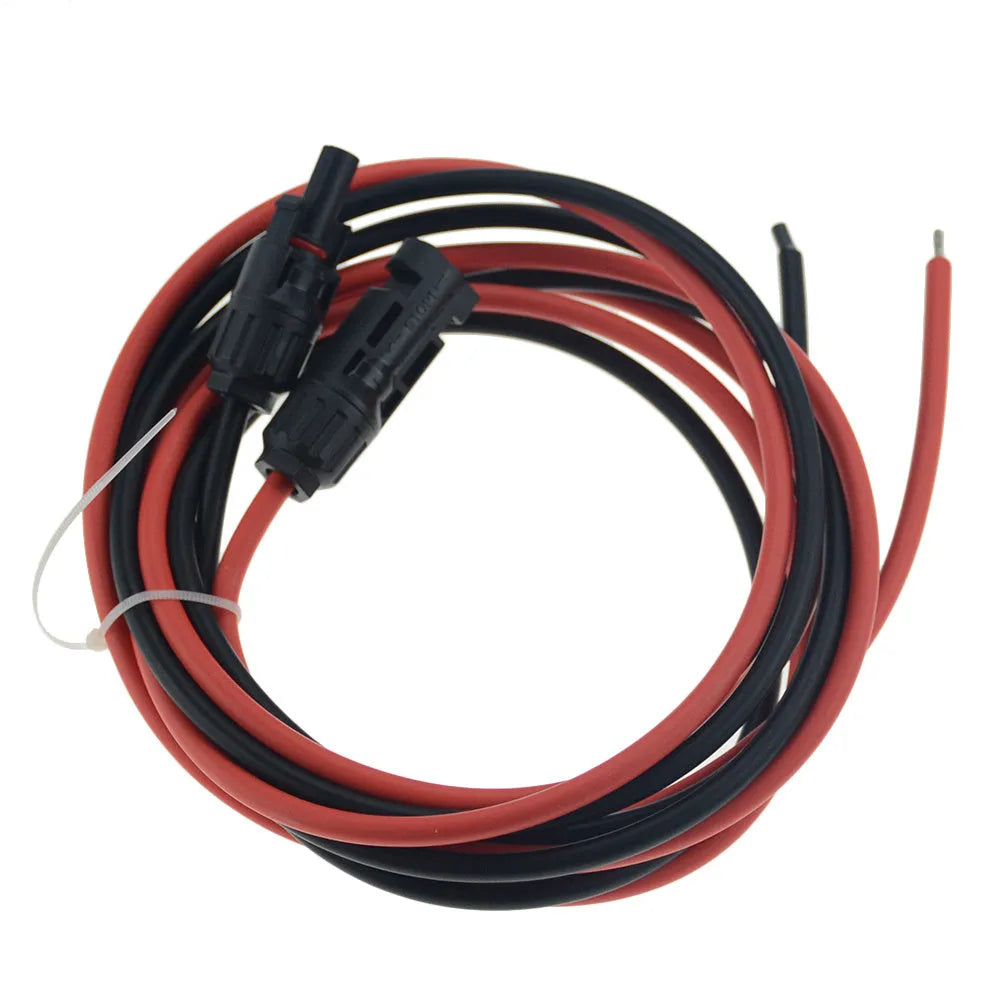 Black solar extension cable with MC4 connectors, showing cable thickness and connector detail