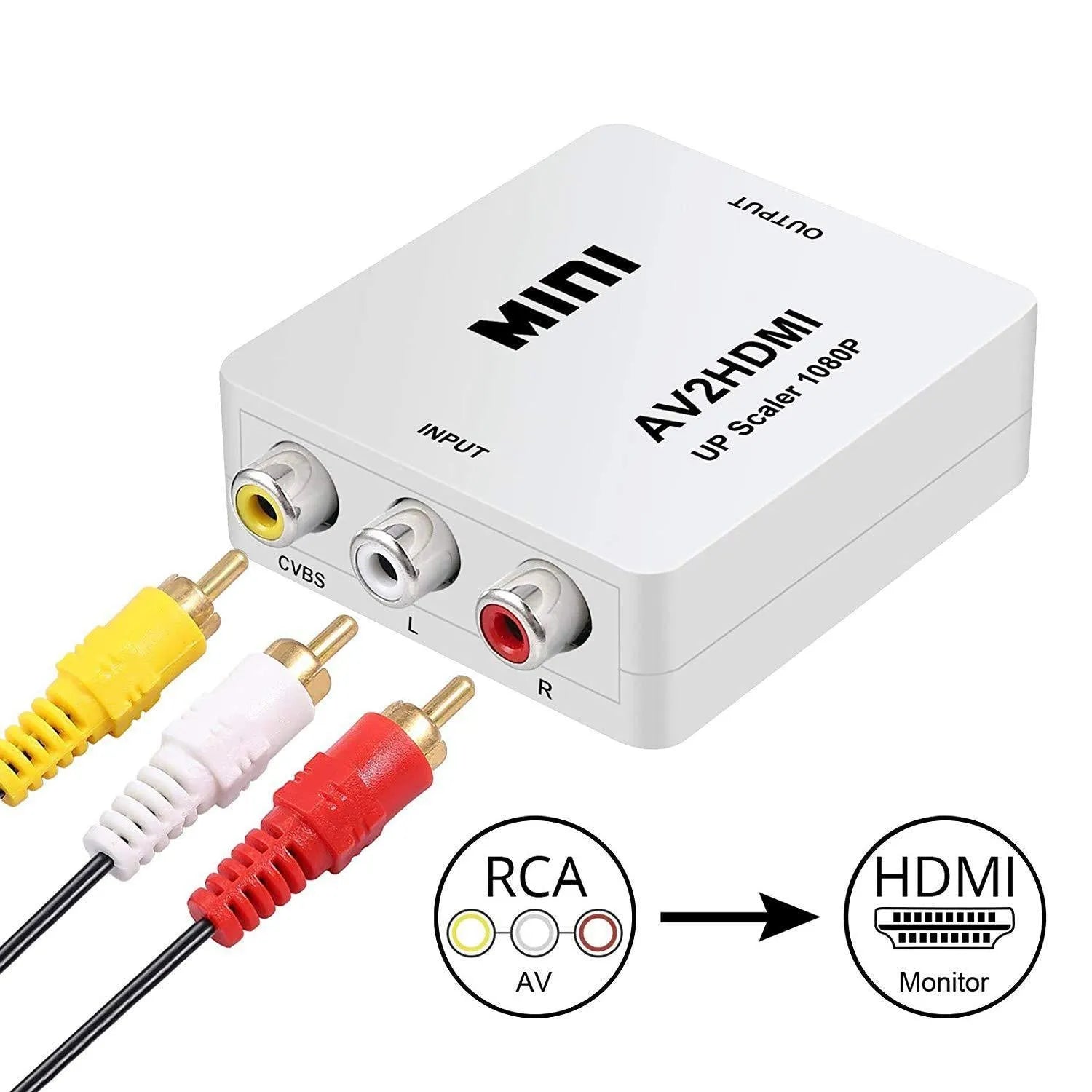 White and black AV to HDMI converter with 0.5m cable for 1080p TV connections