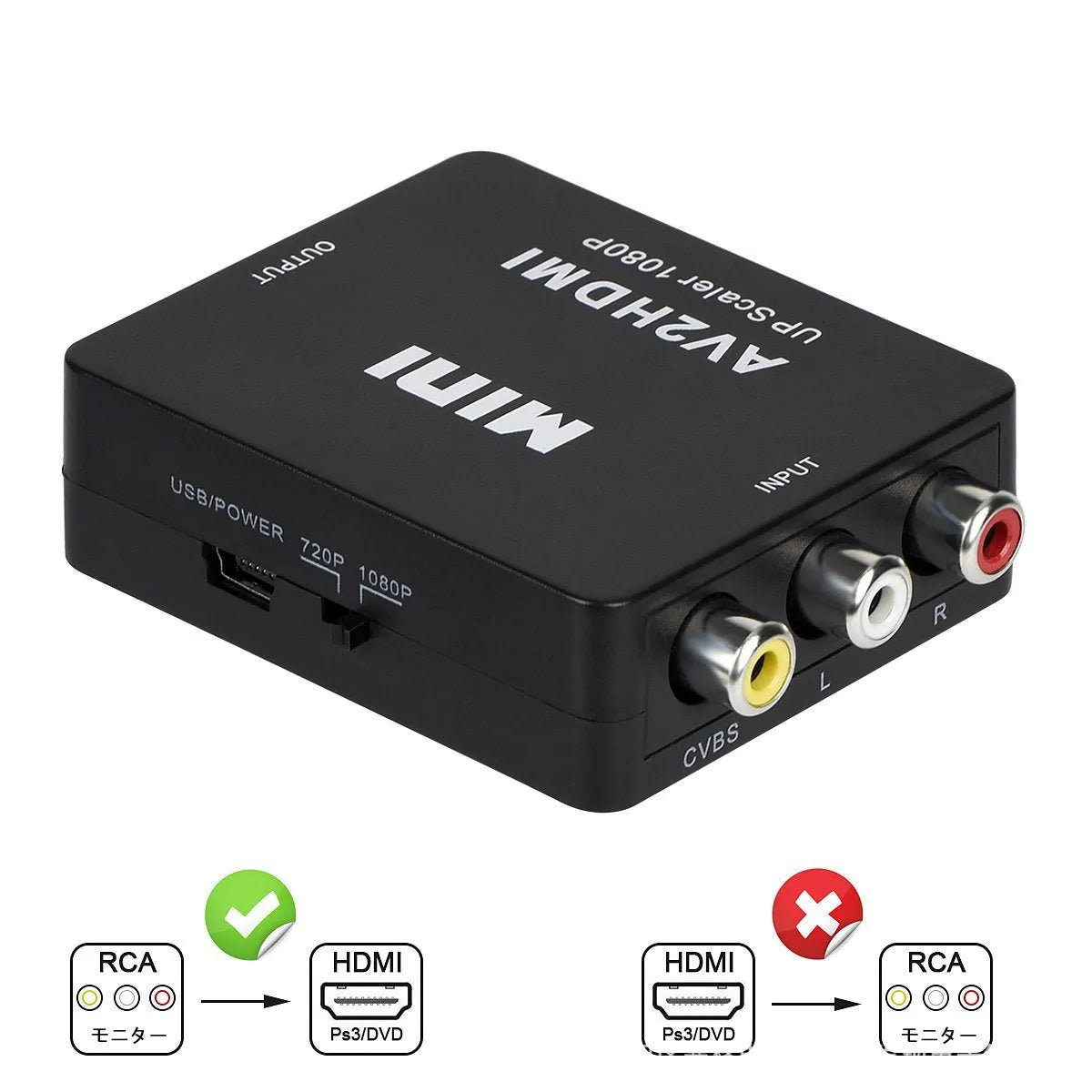 White and black AV to HDMI converter with 0.5m cable for 1080p TV connections