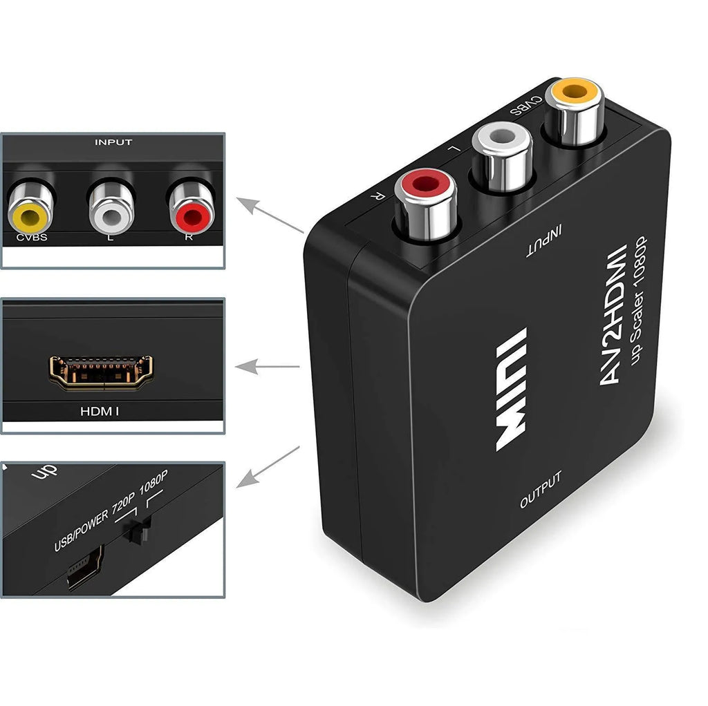White and black AV to HDMI converter with 0.5m cable for 1080p TV connections