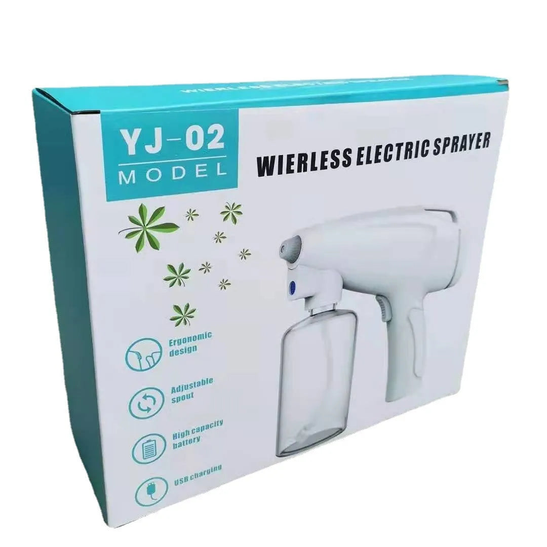 White handheld cordless electric spray disinfection gun with USB charging port.