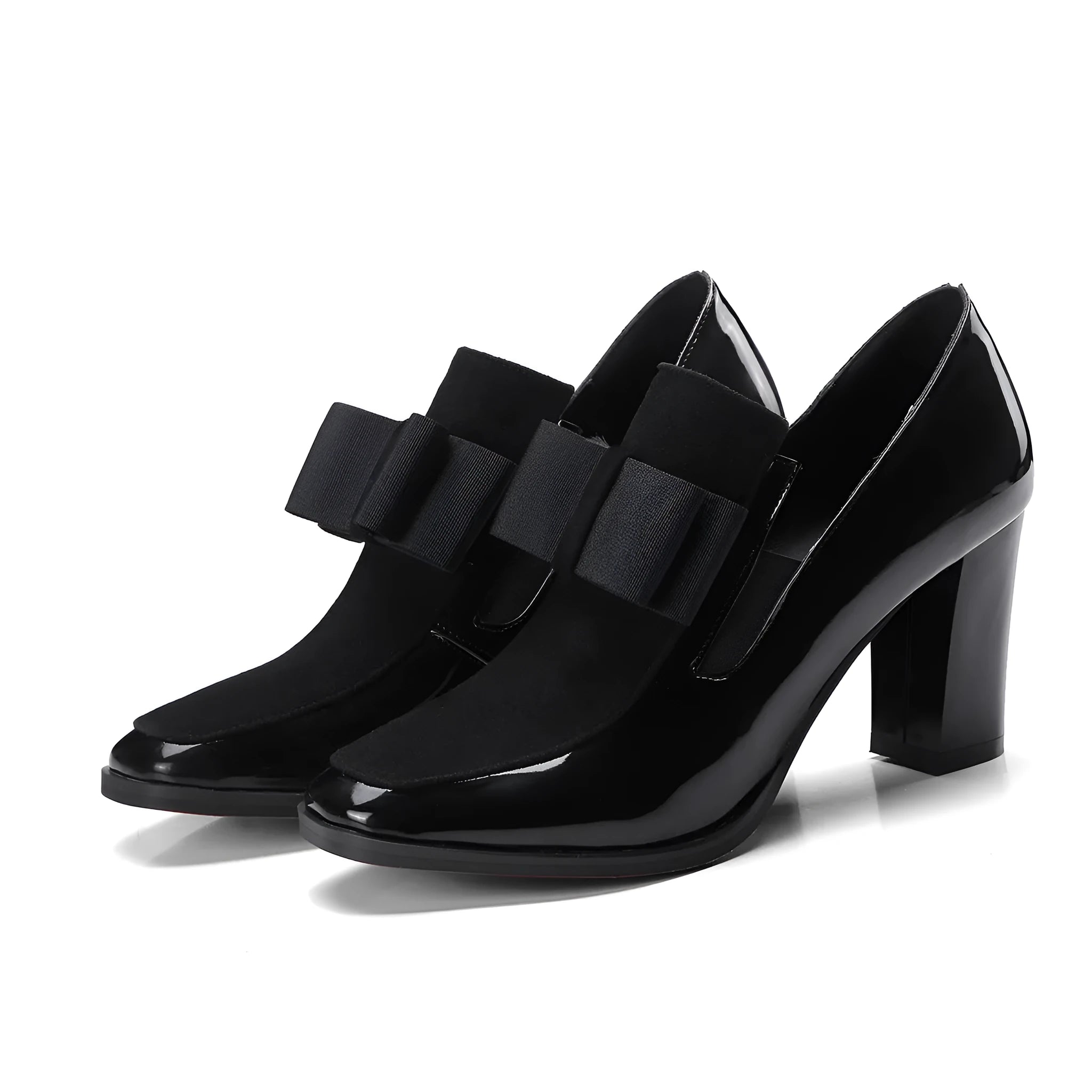 Women's black patent leather high heel shoes with thick heel and square toe design