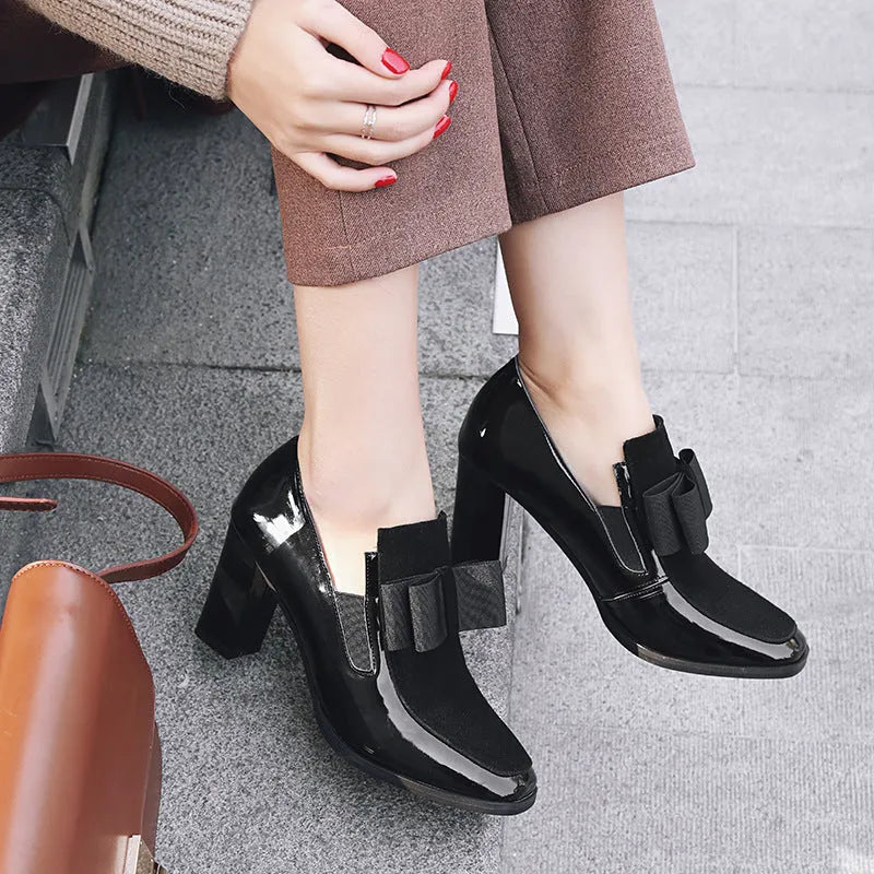 Women's black patent leather high heel shoes with thick heel and square toe design
