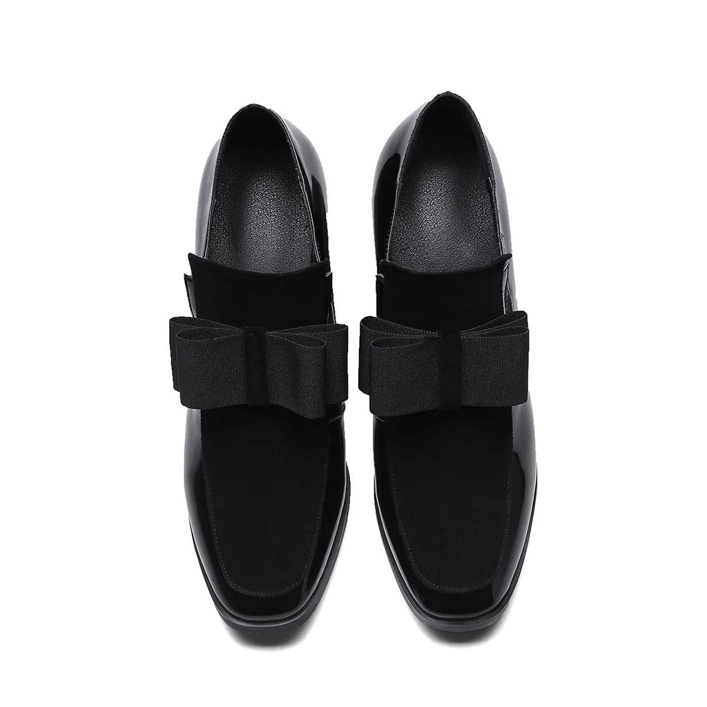 Women's black patent leather high heel shoes with thick heel and square toe design