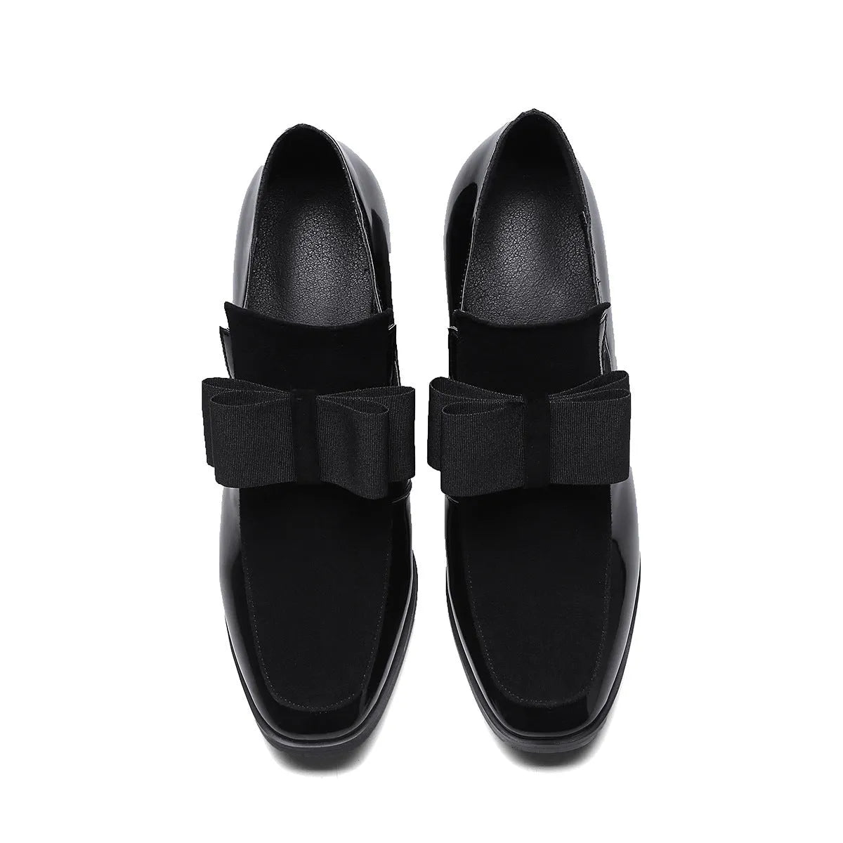Women's black patent leather high heel shoes with thick heel and square toe design