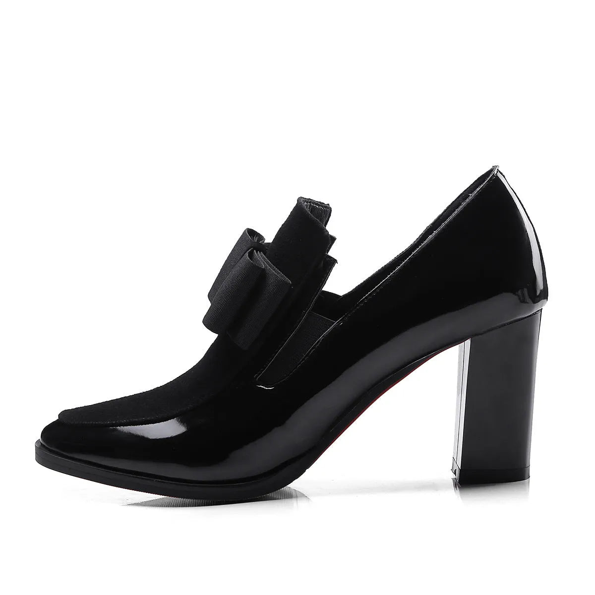 Women's black patent leather high heel shoes with thick heel and square toe design