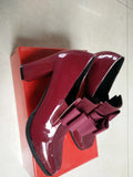 Women's black patent leather high heel shoes with thick heel and square toe design