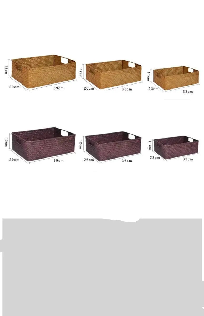 Handmade straw woven rectangular storage basket in natural grass fibre on a shelf