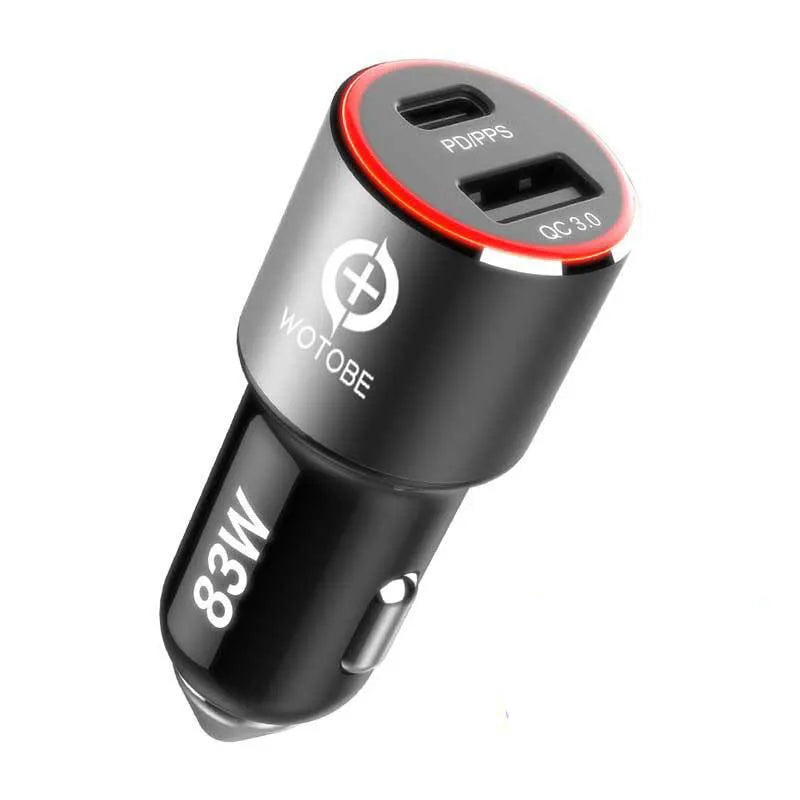 83W fast dual-port car charger with USB-C PD and QC3.0 outputs on a dark background.