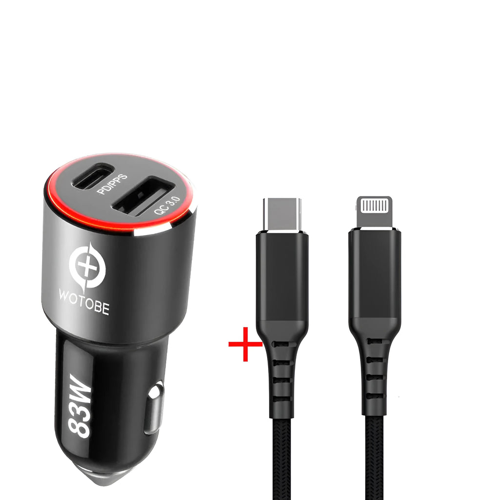 83W fast dual-port car charger with USB-C PD and QC3.0 outputs on a dark background.