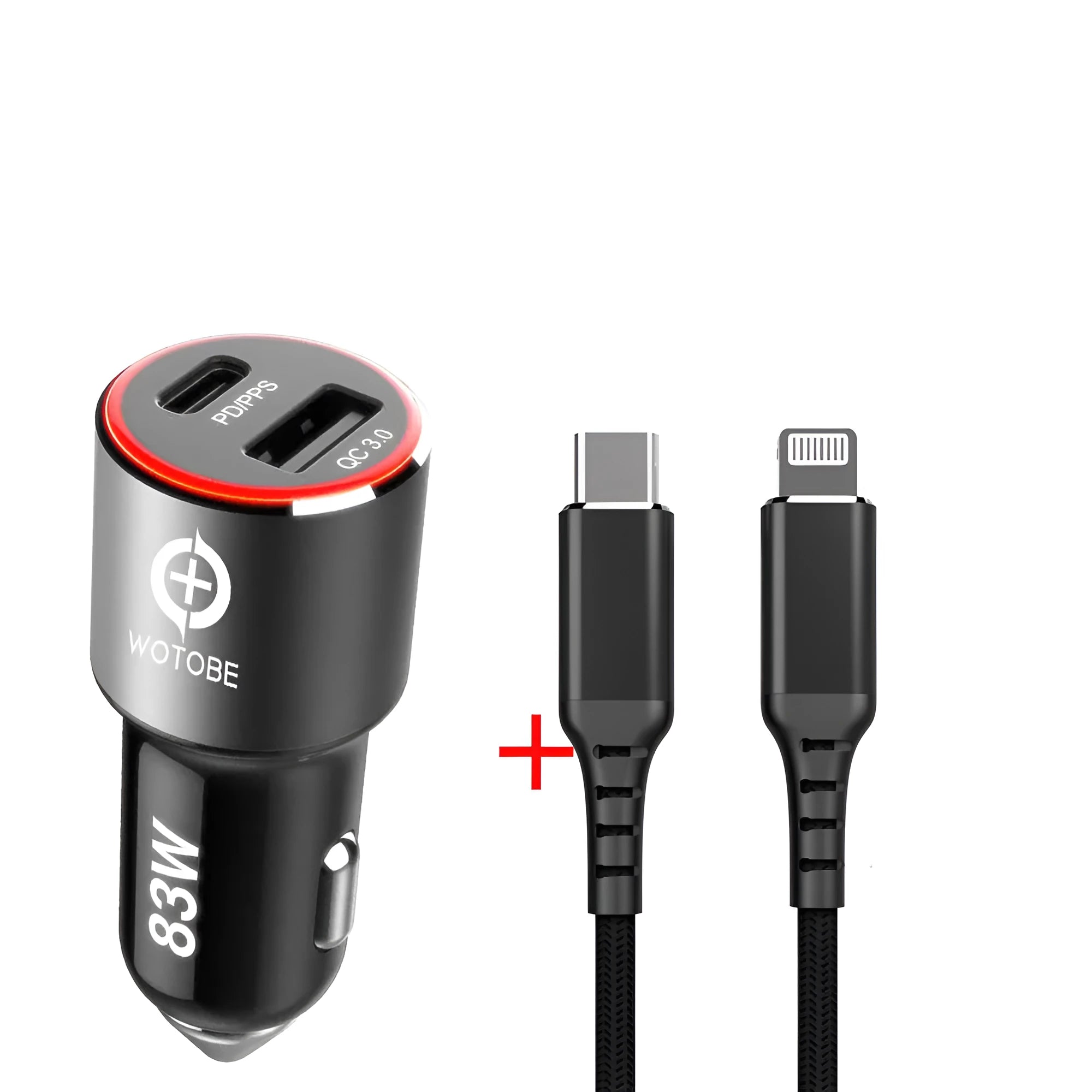 83W fast dual-port car charger with USB-C PD and QC3.0 outputs on a dark background.