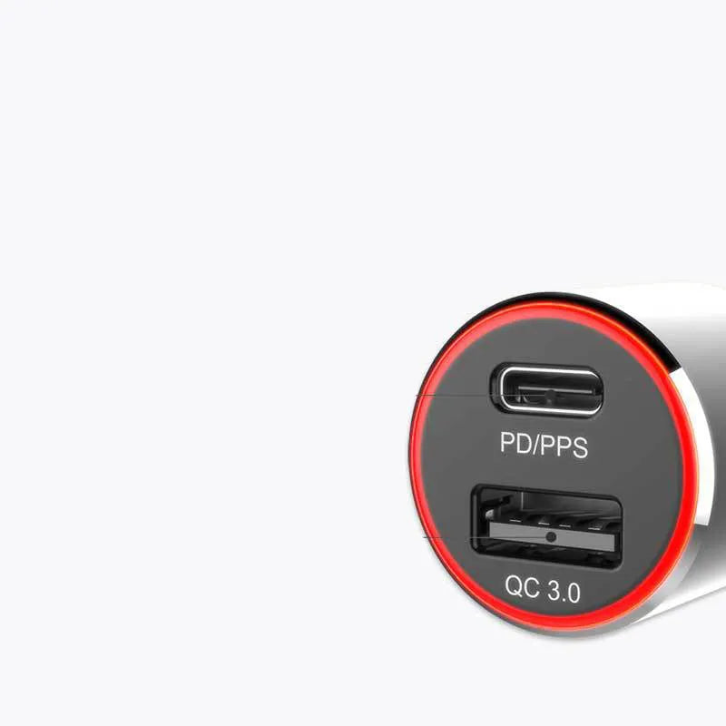 83W fast dual-port car charger with USB-C PD and QC3.0 outputs on a dark background.