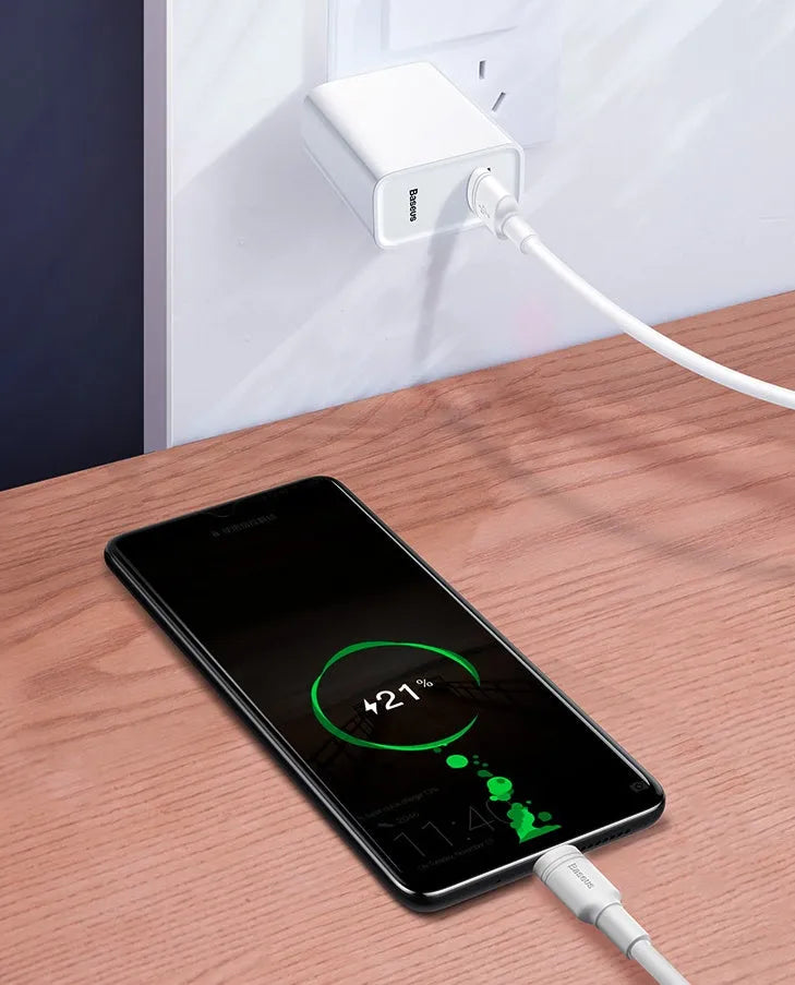 Baseus black and white Micro USB fast charging cables showing 1m and 2m length options for Android phones.