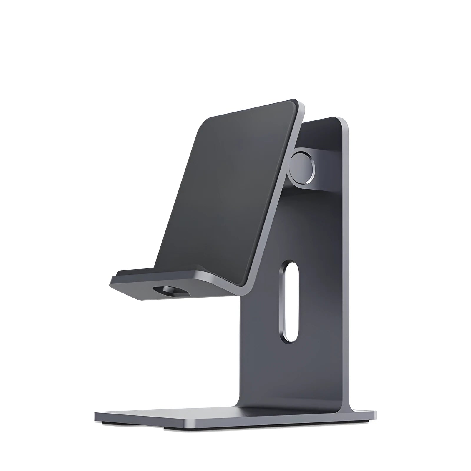Alloy mobile phone holder bracket in dark space grey colour on a desktop
