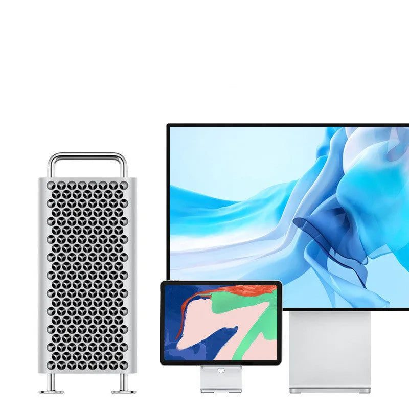 Alloy mobile phone holder bracket in dark space grey colour on a desktop