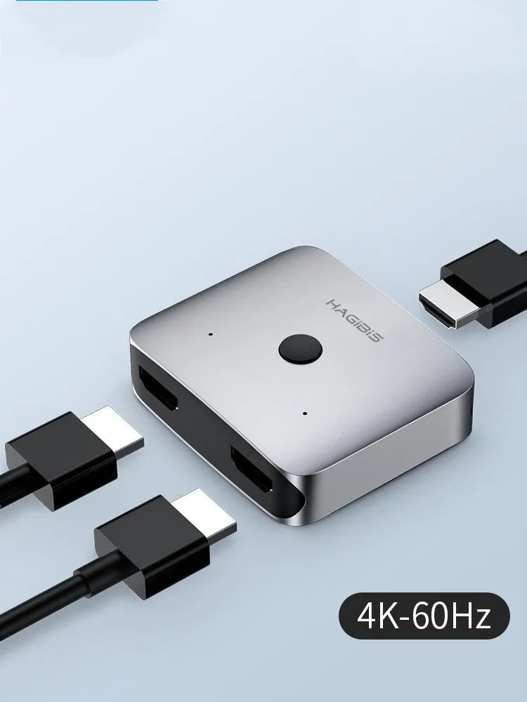 Grey HDMI one to two splitter switcher device with 4K support for computer TV monitors