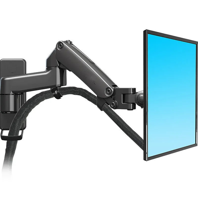 Black wall-mounted computer monitor stand with telescopic lifting arm and rotating screen mount