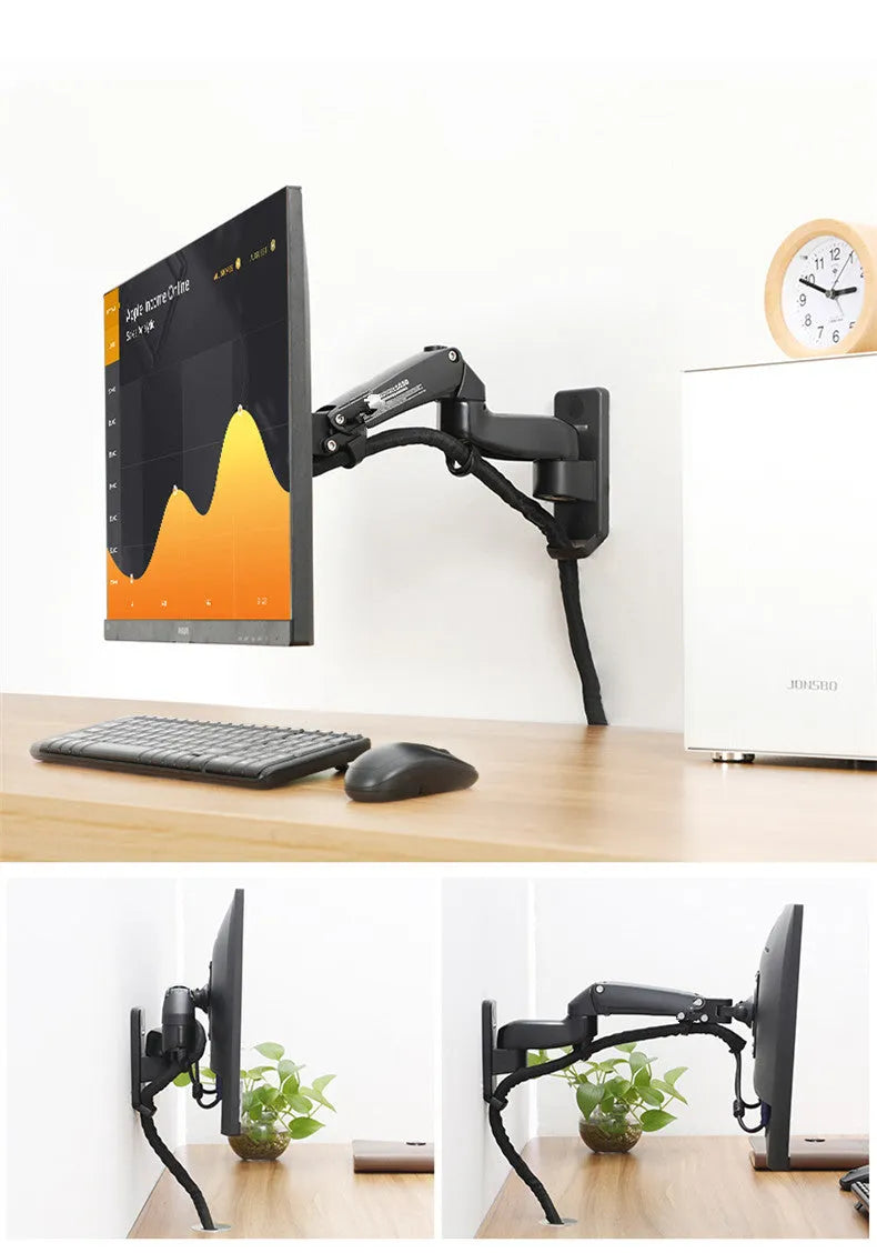 Black wall-mounted computer monitor stand with telescopic lifting arm and rotating screen mount
