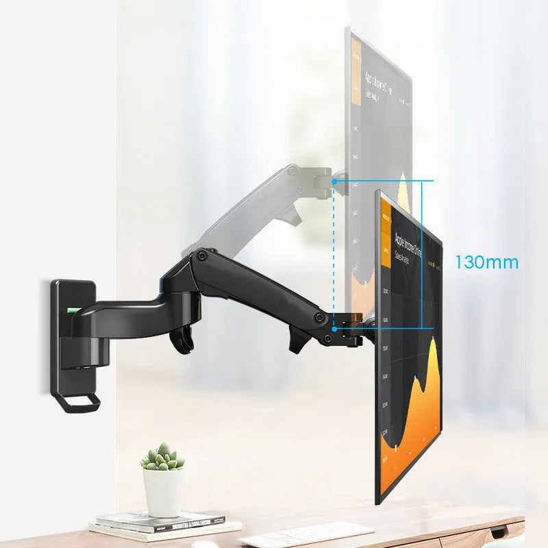 Black wall-mounted computer monitor stand with telescopic lifting arm and rotating screen mount
