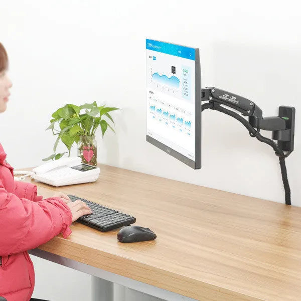 Black wall-mounted computer monitor stand with telescopic lifting arm and rotating screen mount