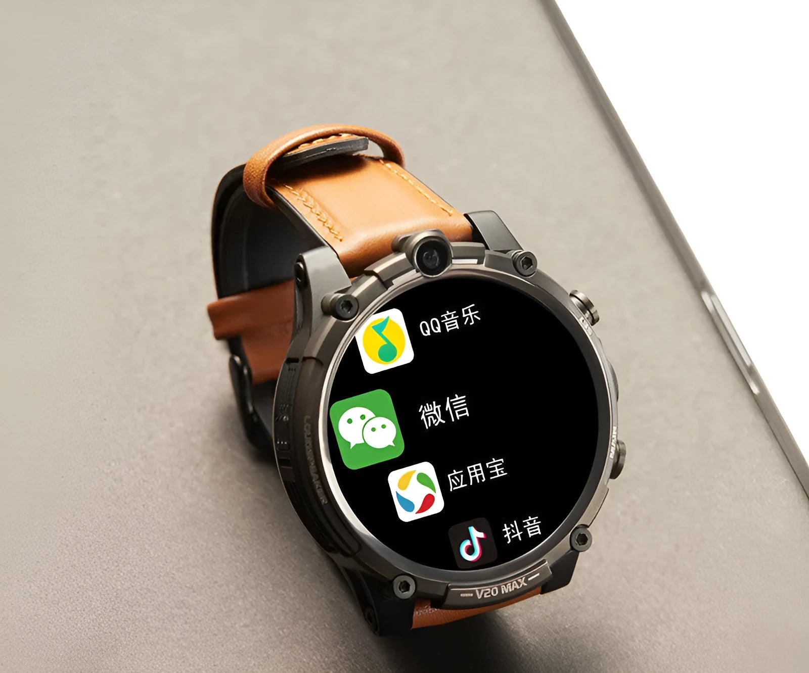 Black smart phone watch with 4G connectivity, dual cameras and 1.6-inch touch screen on wrist strap