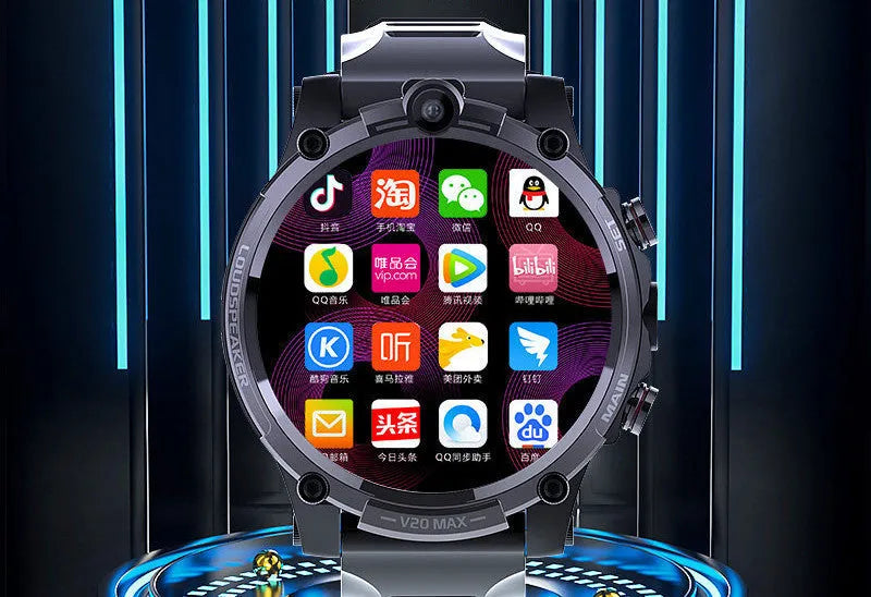 Black smart phone watch with 4G connectivity, dual cameras and 1.6-inch touch screen on wrist strap