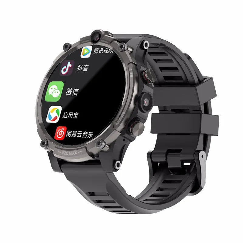 Black smart phone watch with 4G connectivity, dual cameras and 1.6-inch touch screen on wrist strap