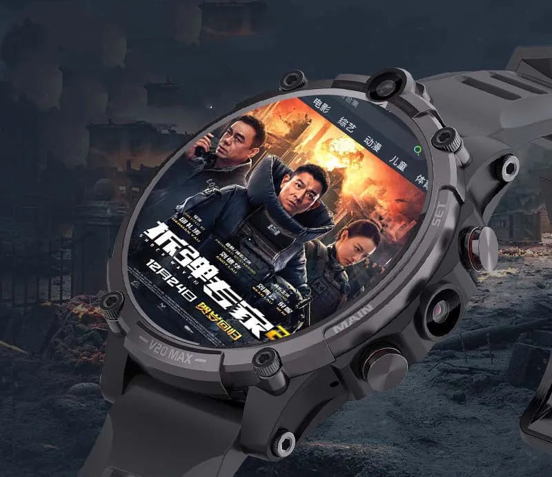 Black smart phone watch with 4G connectivity, dual cameras and 1.6-inch touch screen on wrist strap