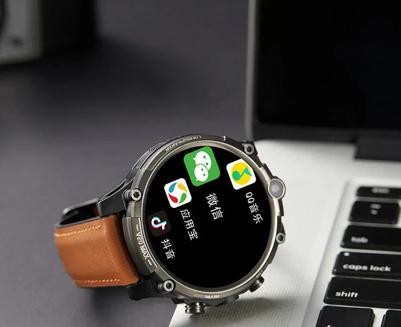 Black smart phone watch with 4G connectivity, dual cameras and 1.6-inch touch screen on wrist strap