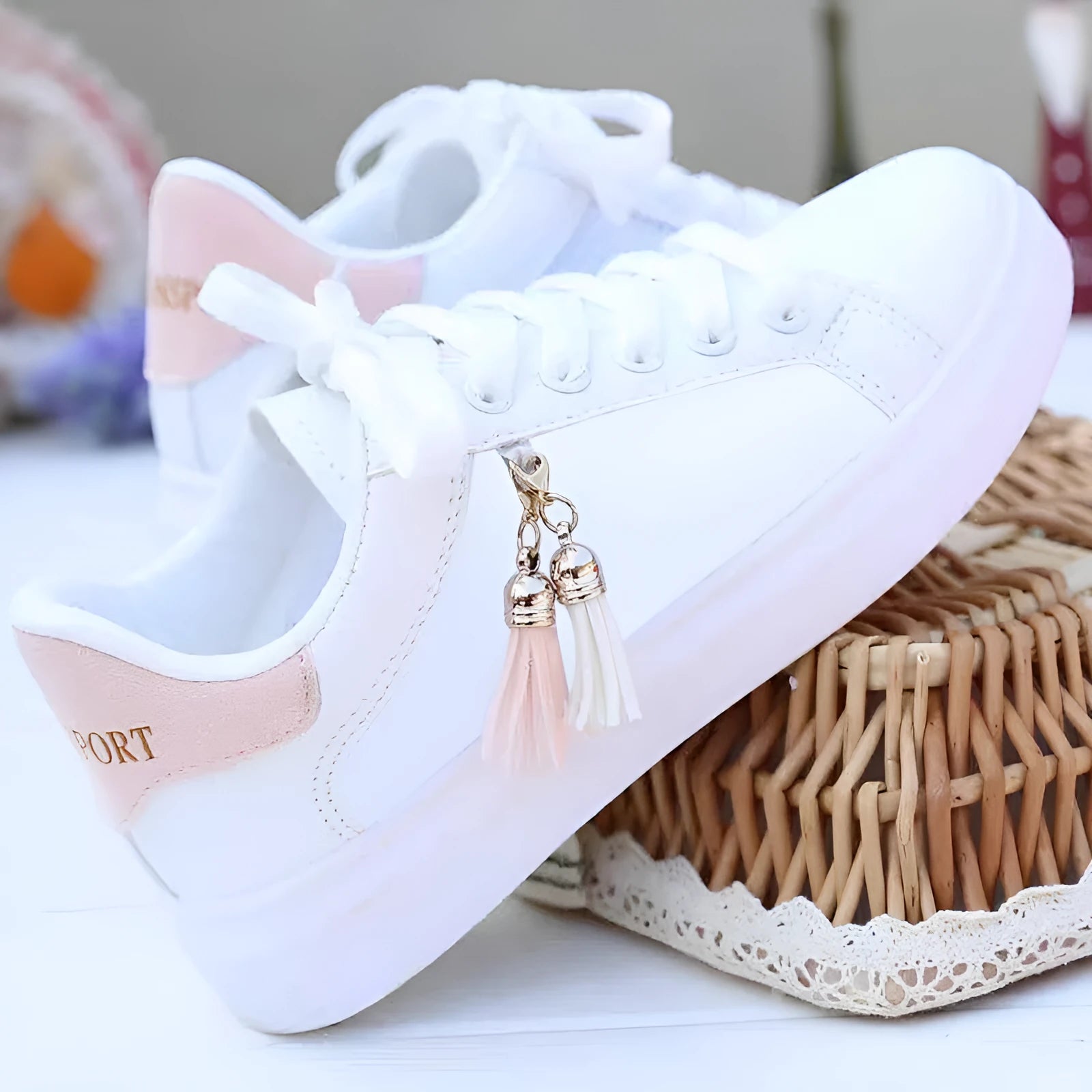 Women's white mesh flat casual trainers with rubber sole on a light background