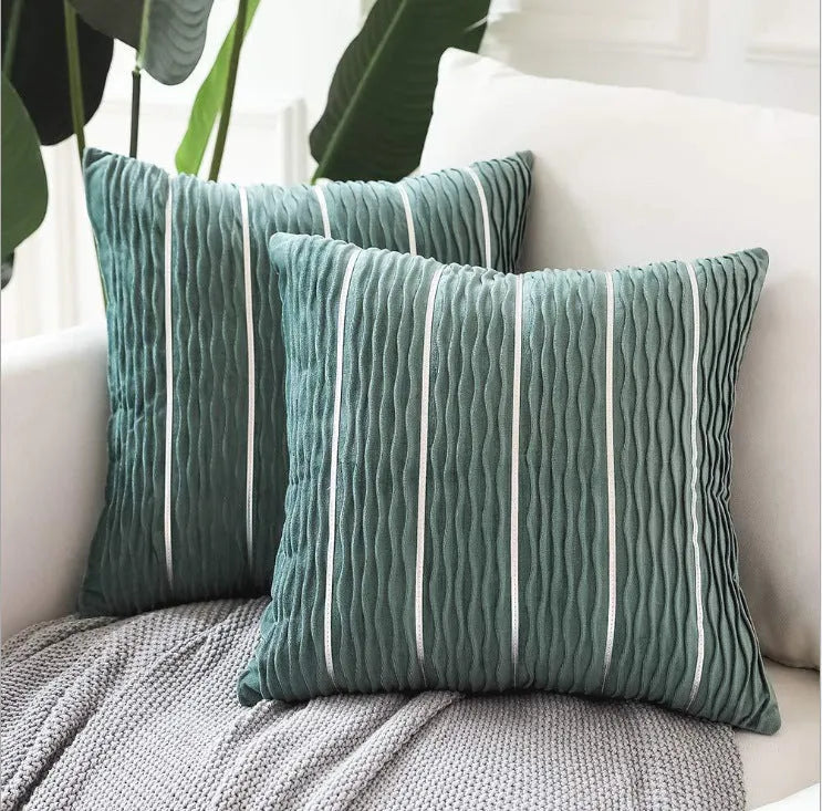 Striped velvet cushion cover 45x45cm in wine red colour with reversible solid side