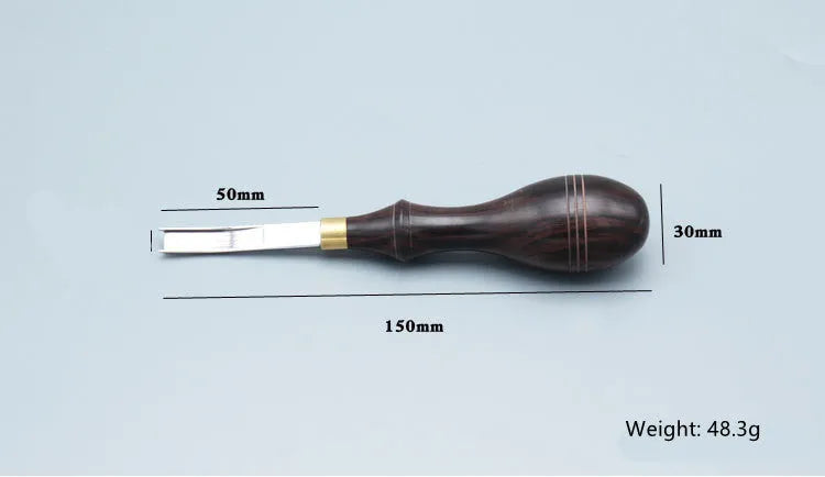 Shovel edge thinning knife with sectional cutting drum and leather handle.