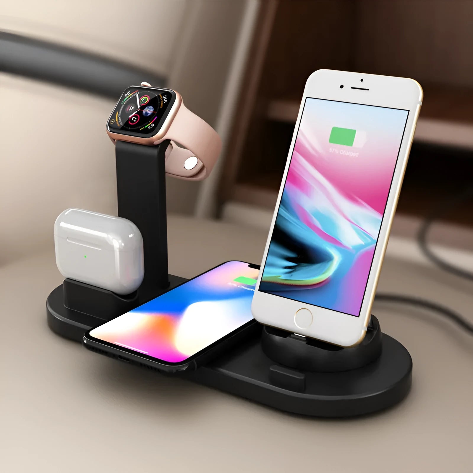 Three-in-one wireless charging bracket for watch, headset and iPhone in black or white colours