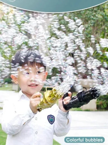Children's bubble gun toy in pink, gold or black colours with trigger and bubble head, showing 2-in-1 fan function.