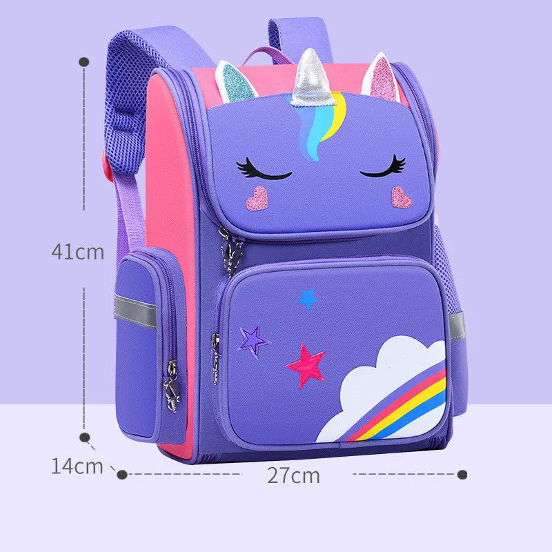 A durable blue schoolbag for primary school children, shown next to a ruler indicating its size.