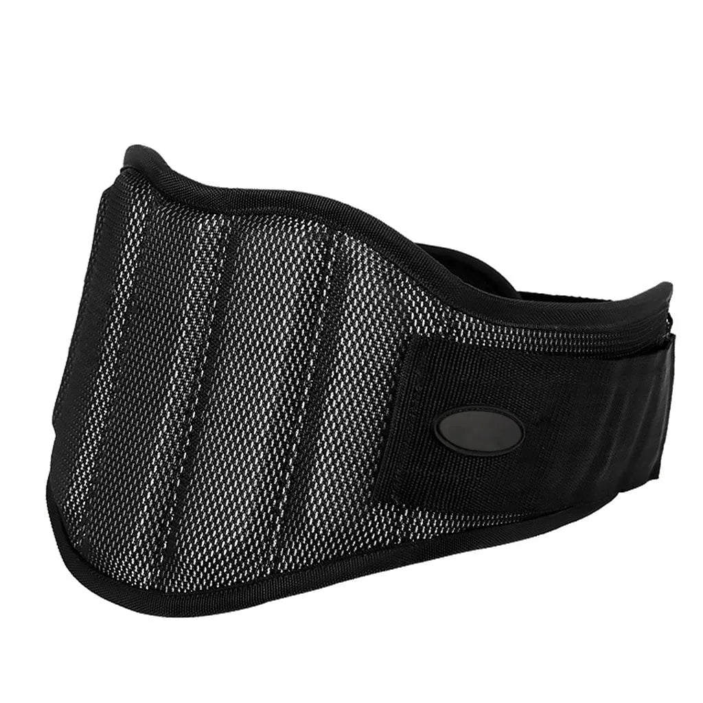 Black nylon squat weightlifting belt with adjustable fastening on a gym floor