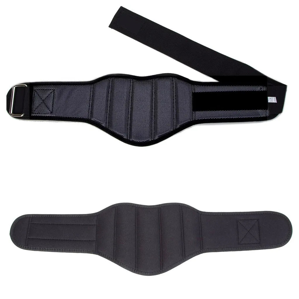 Black nylon squat weightlifting belt with adjustable fastening on a gym floor