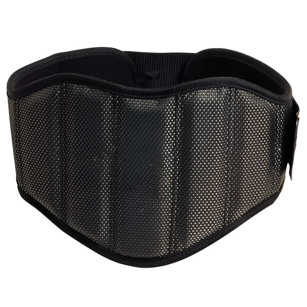 Black nylon squat weightlifting belt with adjustable fastening on a gym floor