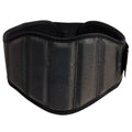 Black nylon squat weightlifting belt with adjustable fastening on a gym floor