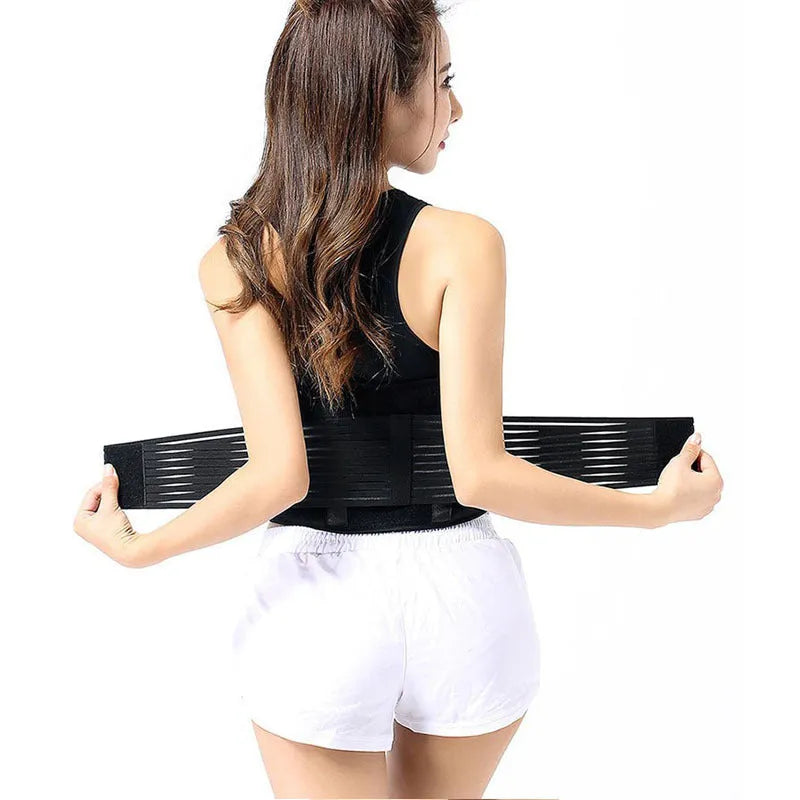 Beige self-heating magnetic waist support belt for lumbar muscle strain on a neutral background.