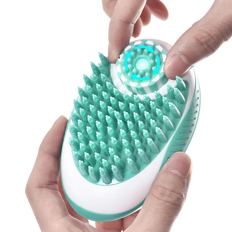 Pet bath brush with soft silicone bristles and ergonomic handle in blue colour
