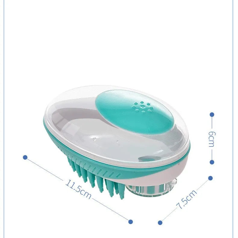 Pet bath brush with soft silicone bristles and ergonomic handle in blue colour