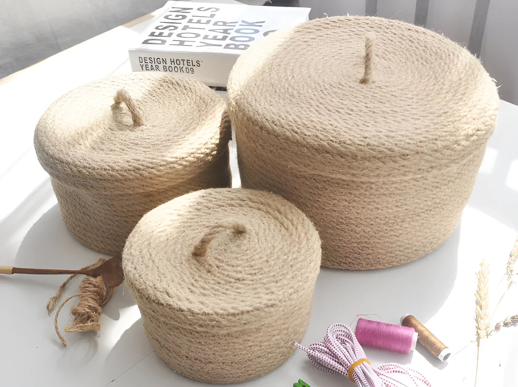 Japanese style linen fabric storage basket with dustproof cover in small, medium, and large sizes