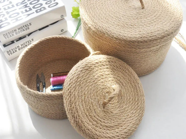 Japanese style linen fabric storage basket with dustproof cover in small, medium, and large sizes