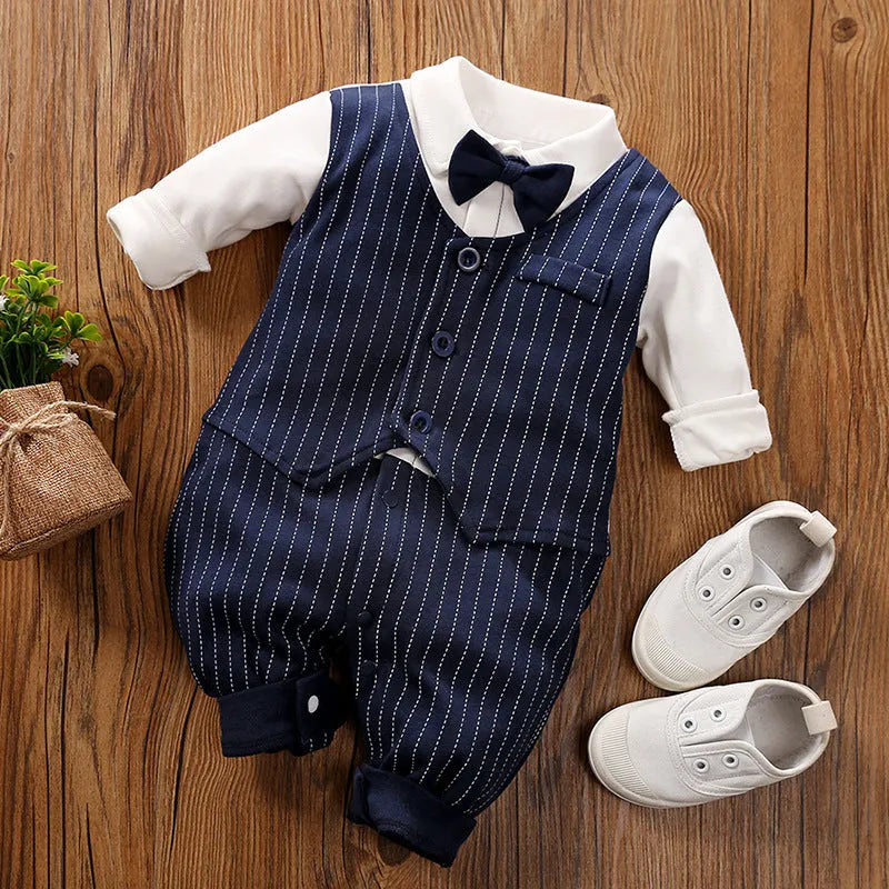 Baby boy in a long-sleeved cotton jumpsuit, navy blue gentleman style, for spring or autumn.